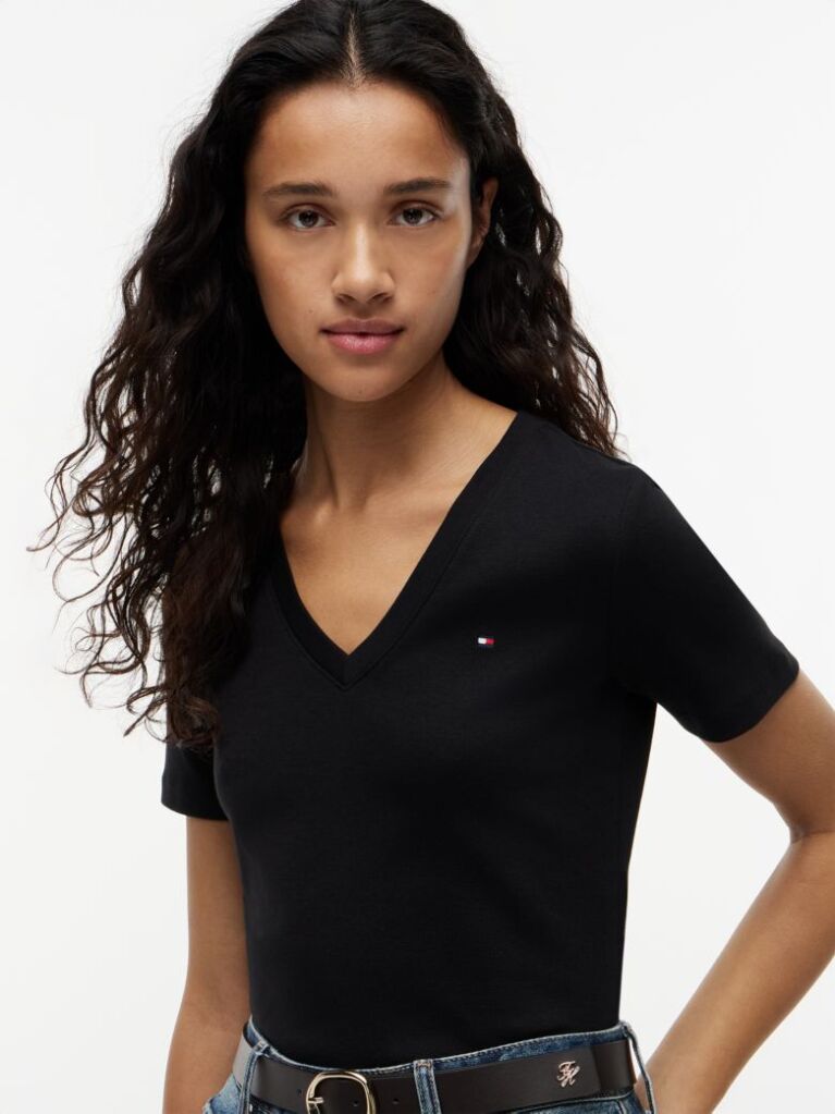 Negru Tricou Slim Fit Tricotat Cu Guler In V  Femei