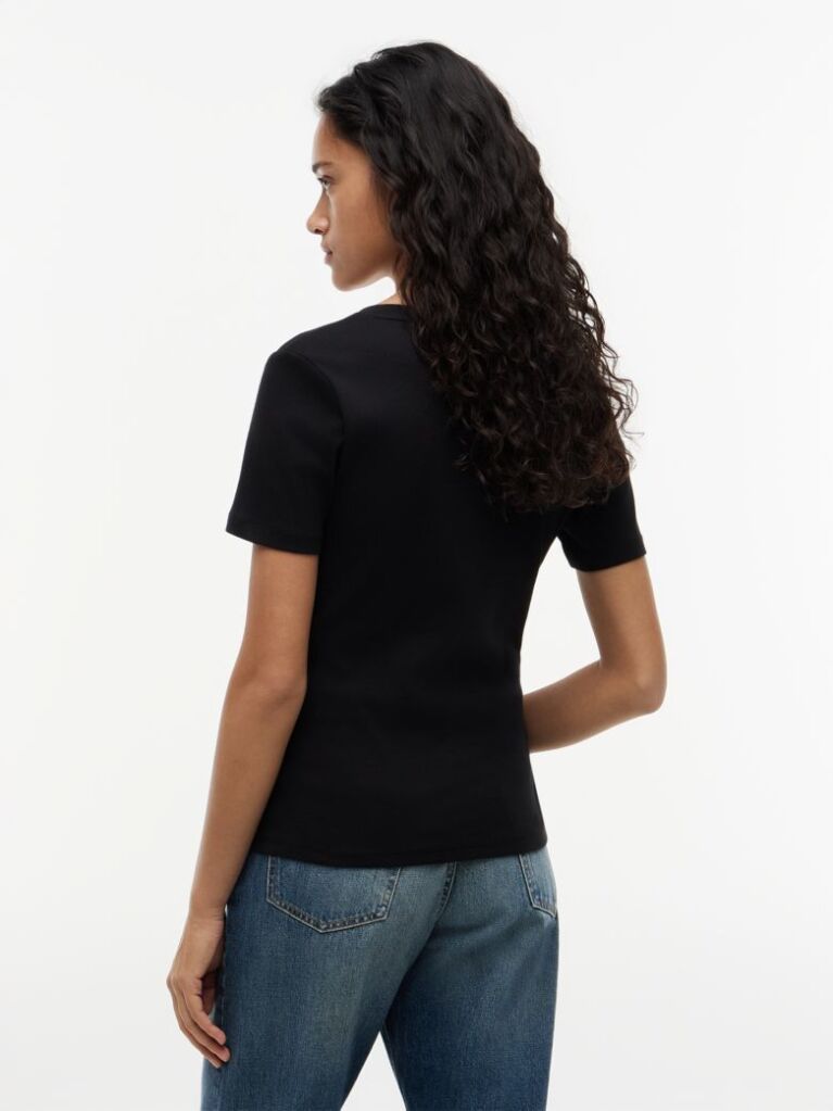 Negru Tricou Slim Fit Tricotat Cu Guler In V  Femei
