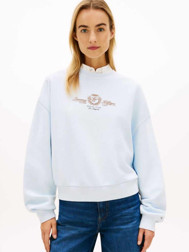 Blue Hanorac Relaxat Din Bumbac Cu Broderie Crest  Femei
