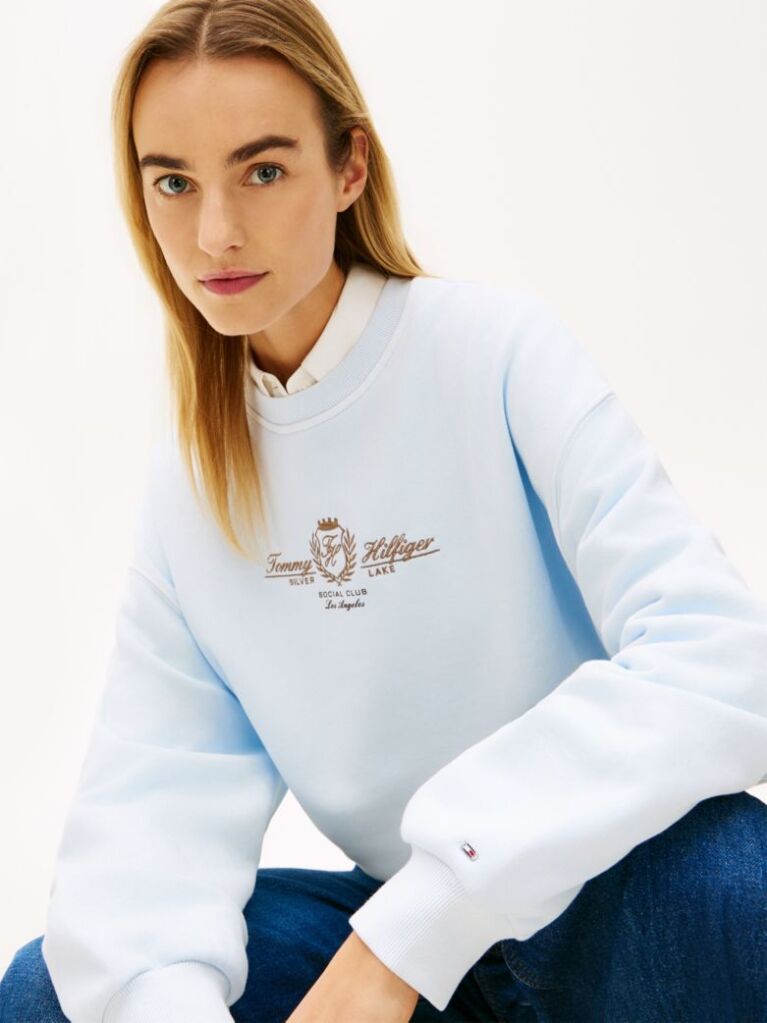 Blue Hanorac Relaxat Din Bumbac Cu Broderie Crest  Femei
