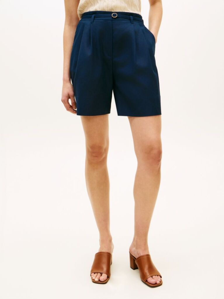 Blue Pantaloni Scurti Largi Din Amestec De In  Femei