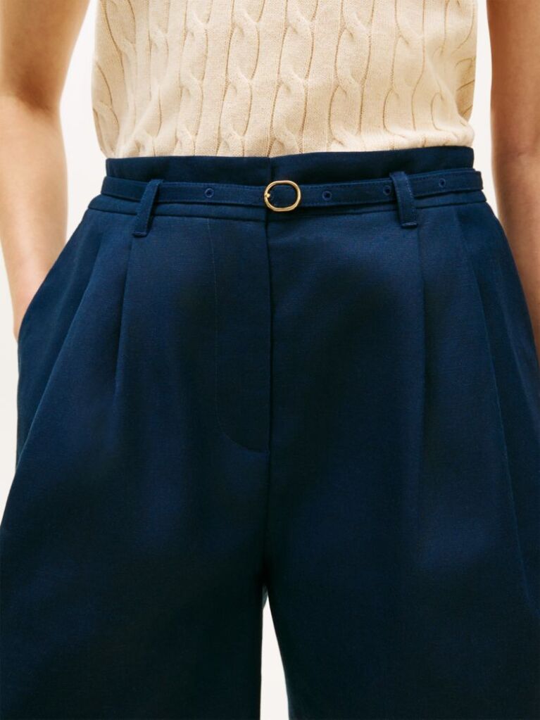 Blue Pantaloni Scurti Largi Din Amestec De In  Femei