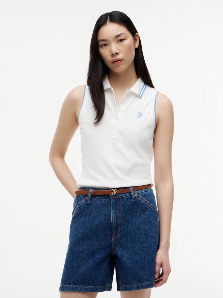 Alb 1985 Tricou Polo Fara Maneci Pique Cu Croiala Slim  Femei