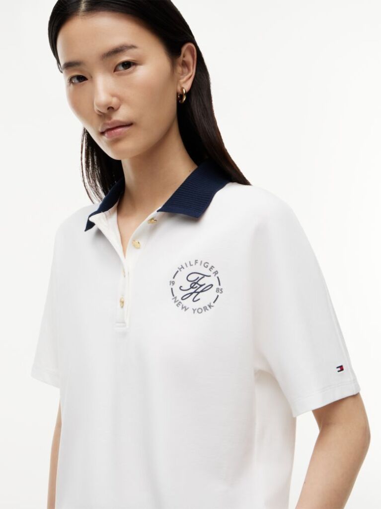 Alb Tricou Polo Cu Croiala Normala De Culoare Aurie Cu Nasturi  Femei