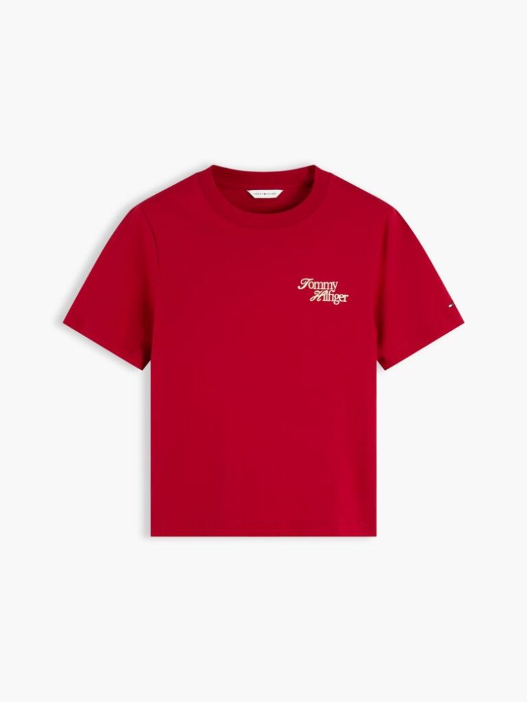Rosu T-Shirt Din Jerseu Cu Logo Si Guler Rotund  Femei