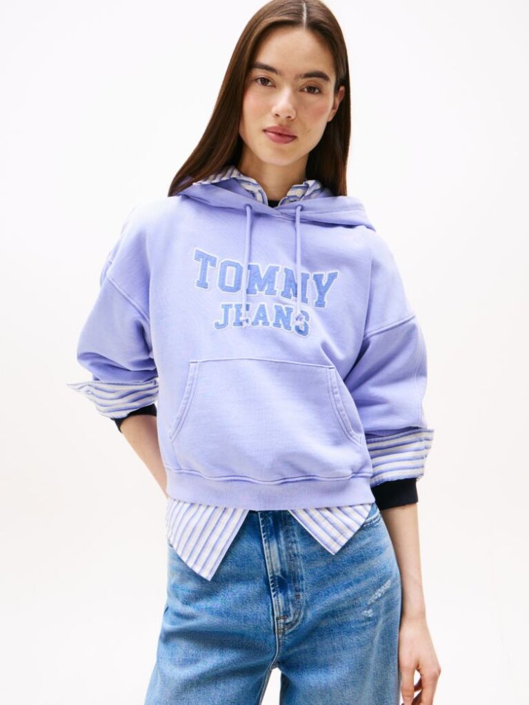 Blue Hanorac Boxy Cu Gluga Si Logo Appliqué Varsity  Femei