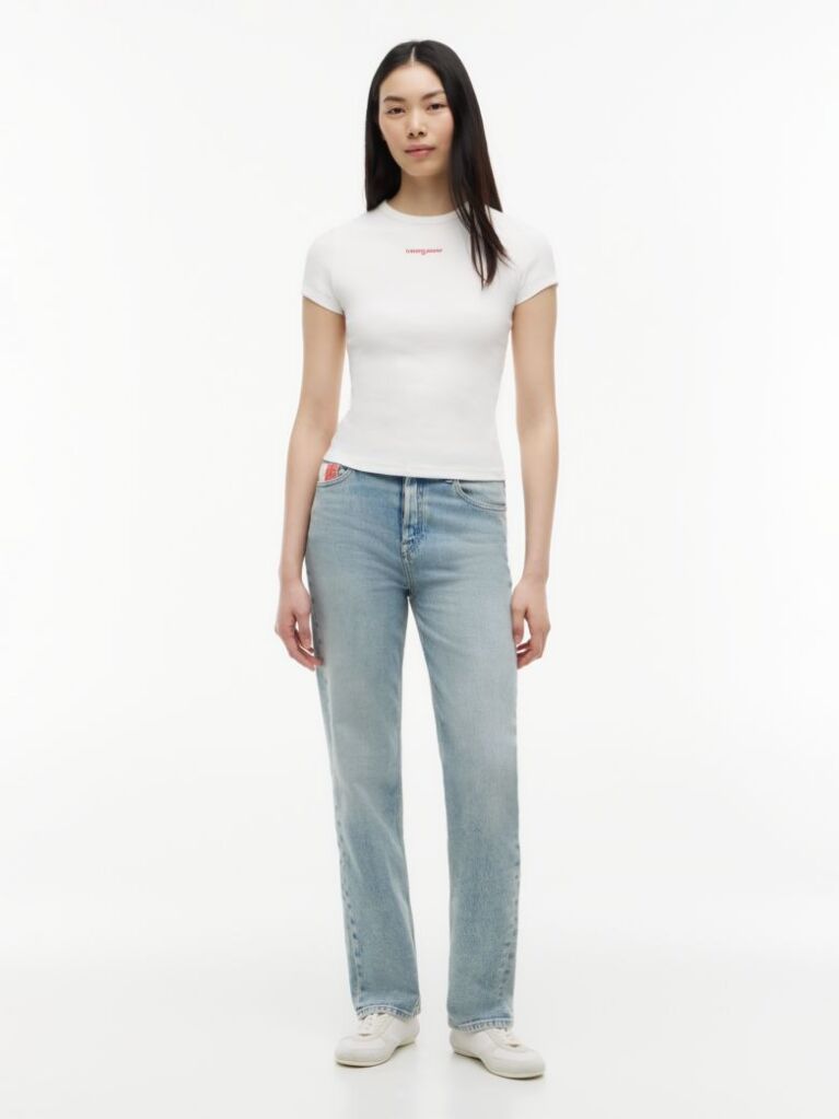 Alb Tricou Slim Cu Logo Si Dungi  Femei