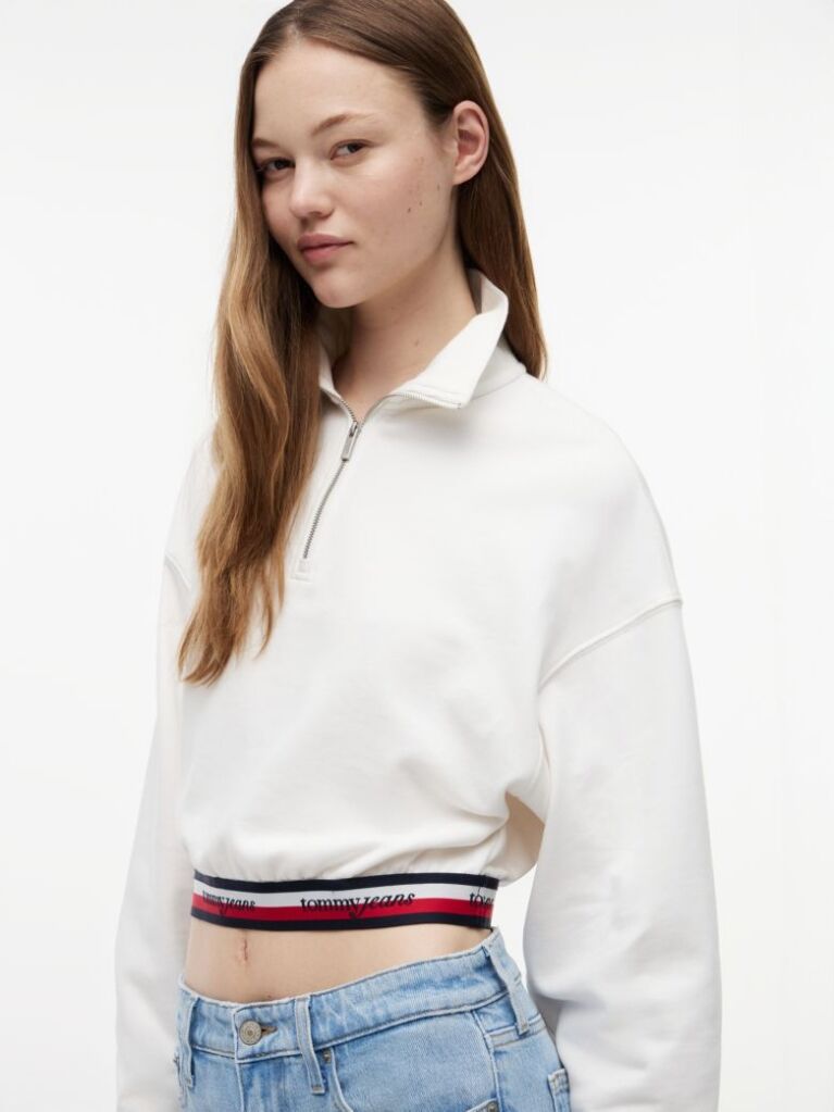 Alb Hanorac Fara Gluga Cu Croiala Boxy Si Fermoar Quarter-Zip  Femei