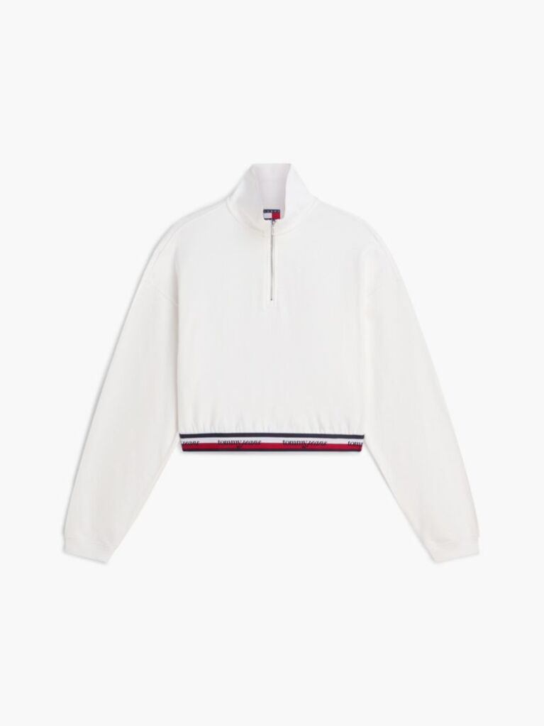 Alb Hanorac Fara Gluga Cu Croiala Boxy Si Fermoar Quarter-Zip  Femei