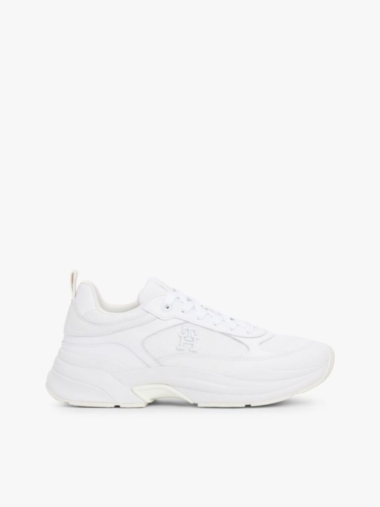 White Leather Mixed Texture Chunky Trainers  Women