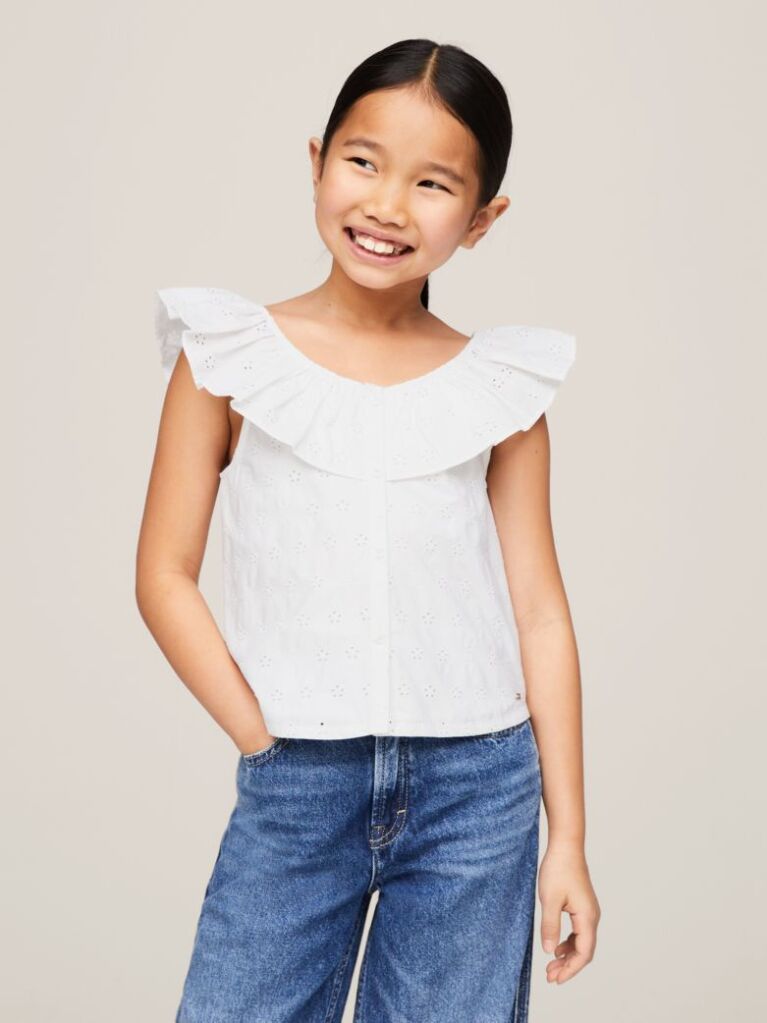 Alb Bluza De Lungime Scurta Cu Emblema Si Broderie Anglaise  Fete