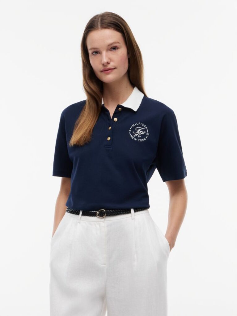 Blue Tricou Polo Cu Croiala Normala De Culoare Aurie Cu Nasturi  Femei