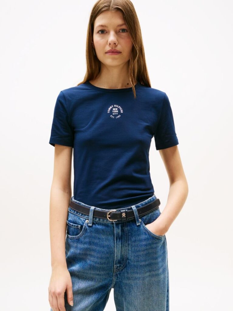 Blue Tricou Slim Cu Guler Rotund Si Maneca Scurta Cu Logo Stampilat  Femei