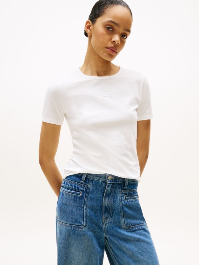 Alb Tricou Slim Cu Guler Rotund Si Maneca Scurta Cu Logo Stampilat  Femei