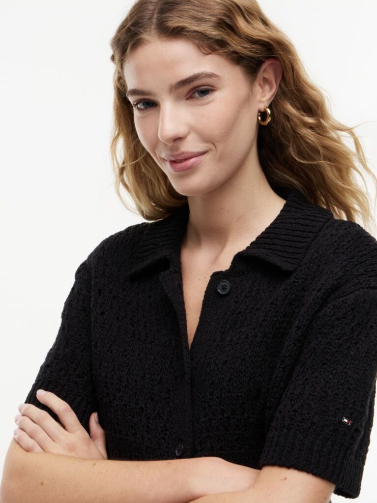 Negru Cardigan Polo Cu Maneca Scurta Si Croiala Lejera  Femei