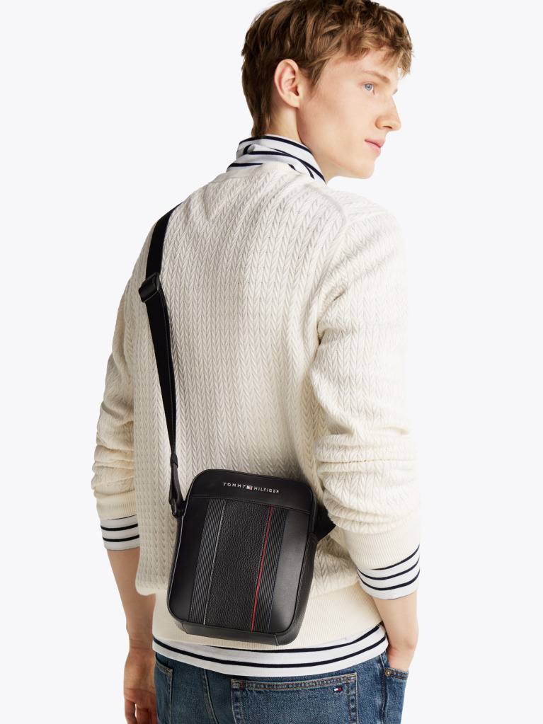 Black Mixed Texture Reporter Bag  Men