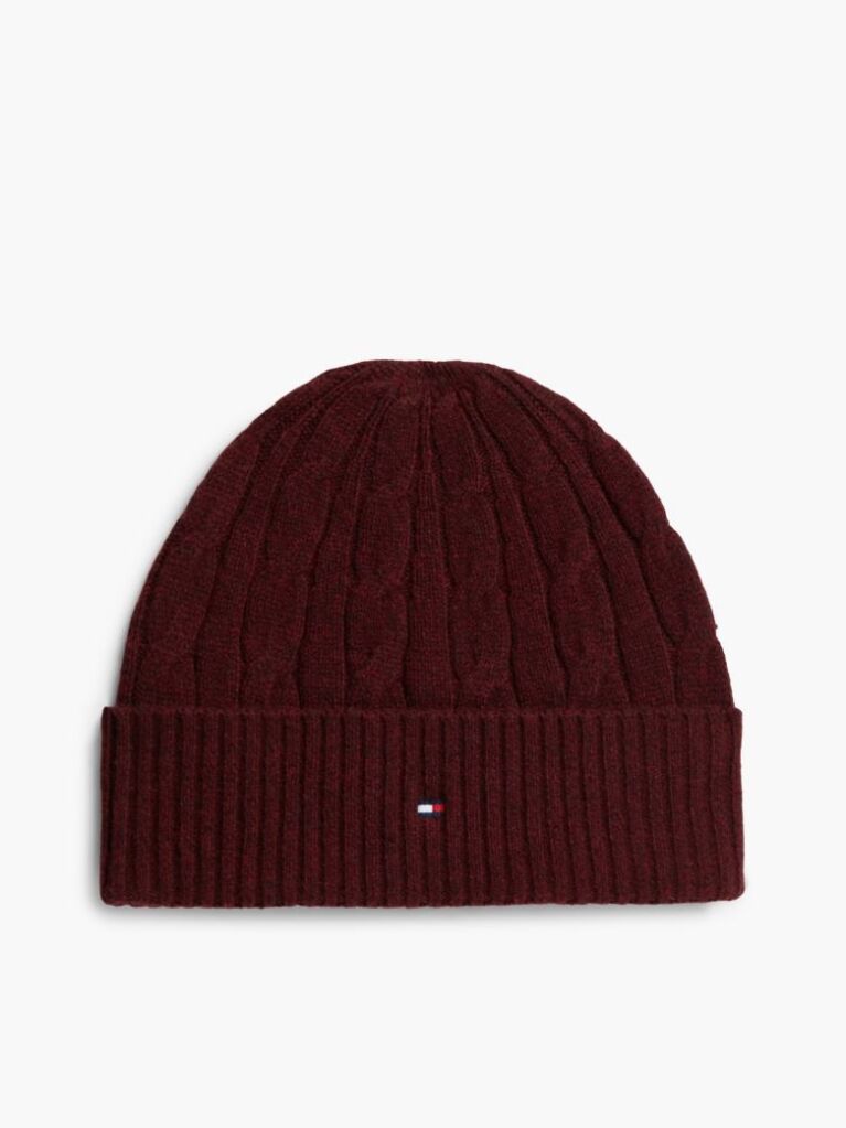 Red Lambswool Blend Cable Knit Flag Beanie  Men