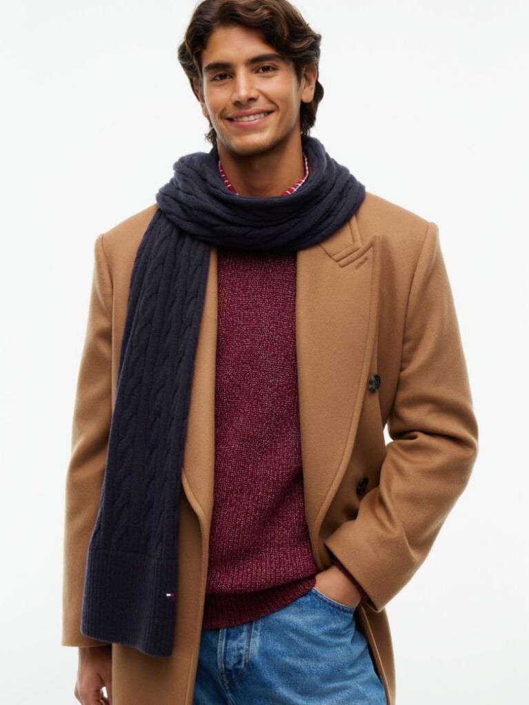 Blue Lambswool Blend Cable Knit Scarf  Men