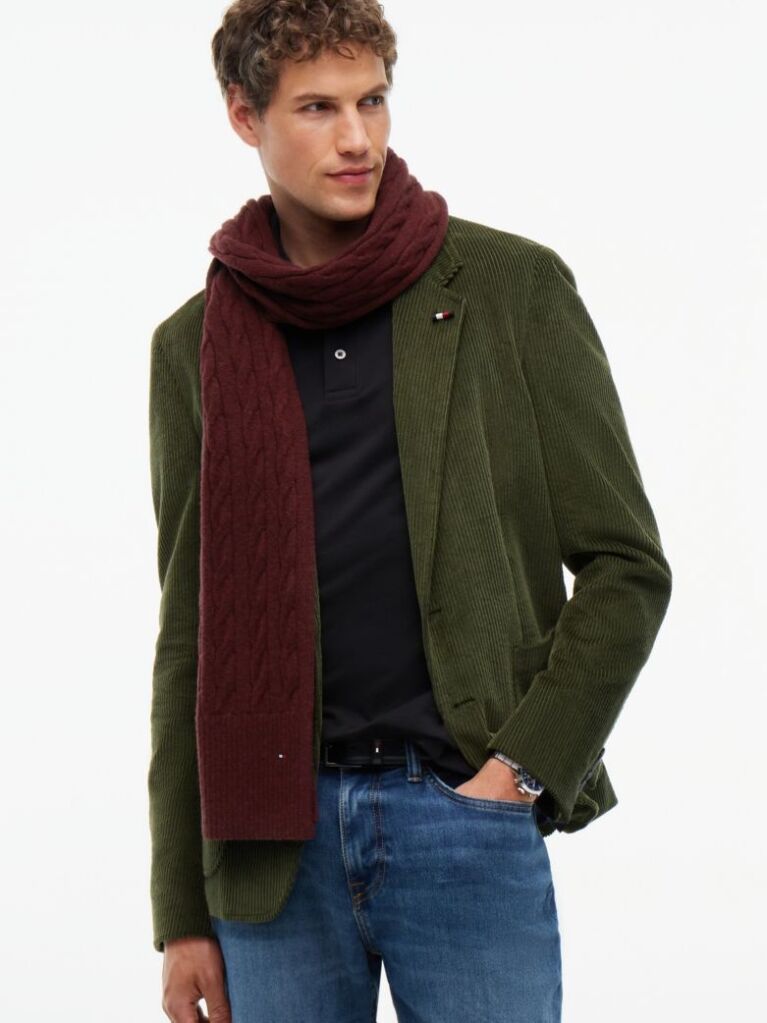 Red Lambswool Blend Cable Knit Scarf  Men