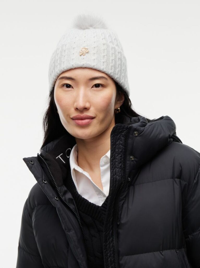 Grey Pom Pom Beanie With Cashmere  Women