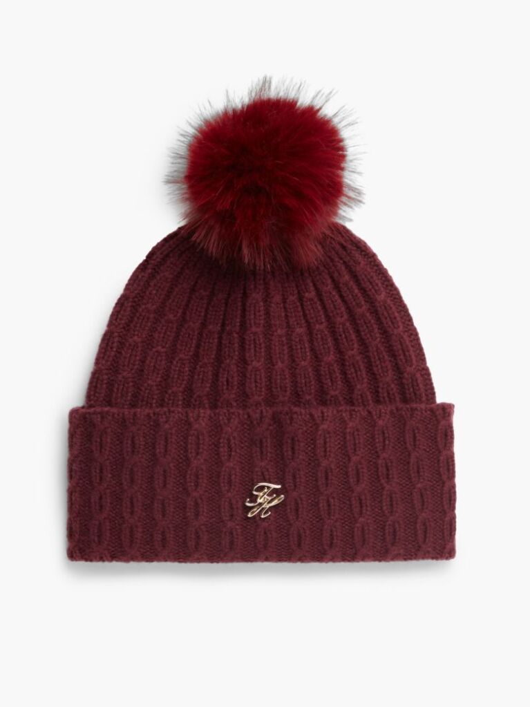 Red Pom Pom Beanie With Cashmere  Women