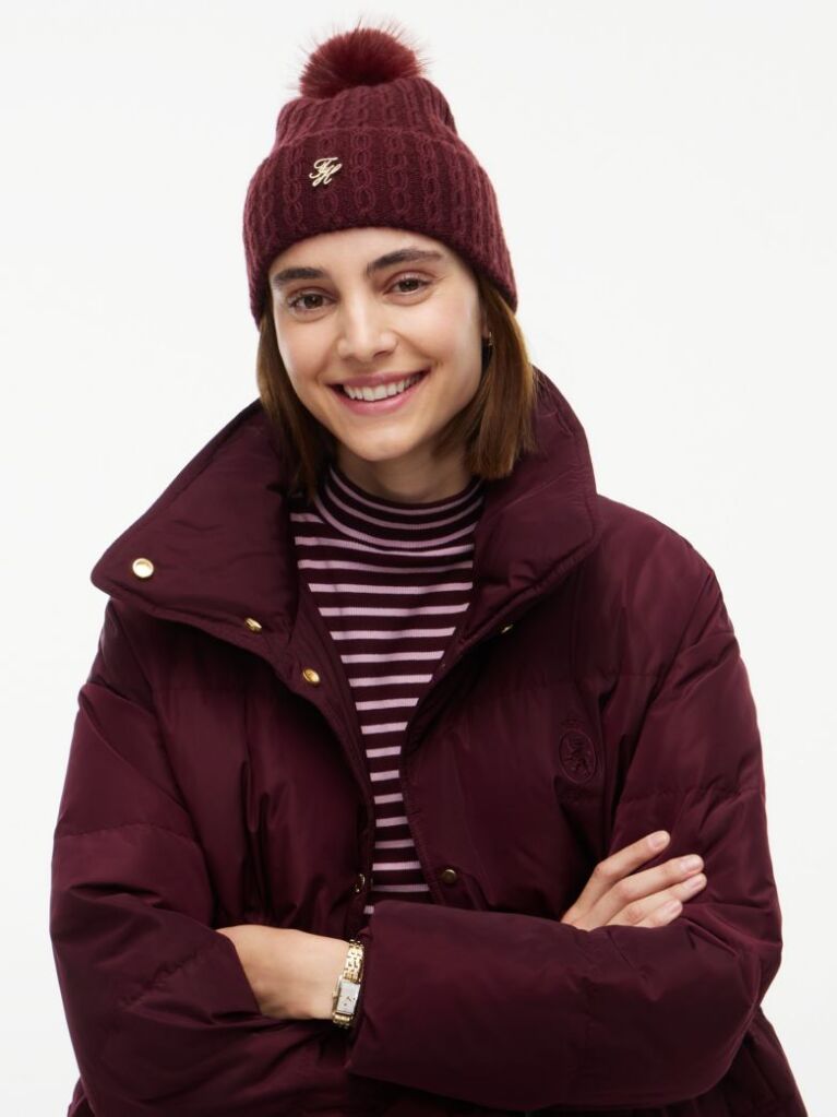 Red Pom Pom Beanie With Cashmere  Women