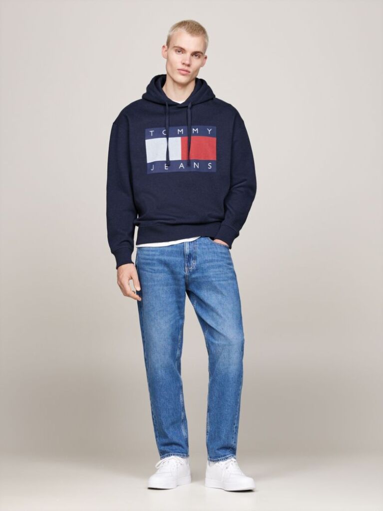 Blue Hanorac Relaxat Cu Gluga Tommy Flag Badge Mélange  Barbati