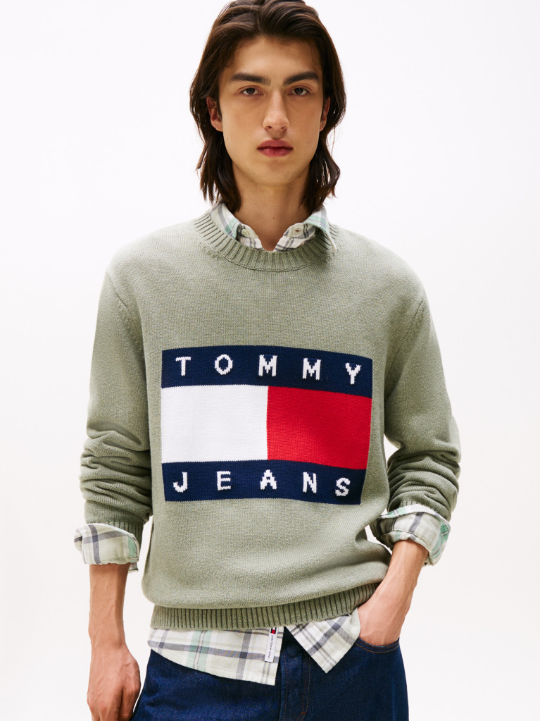 Green Intarsia Flag Badge Mélange Jumper  Men