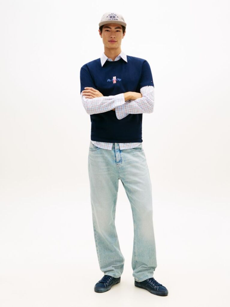 Blue Tricou Cu Guler Rotund Si Broderie Cu Logo Signature  Barbati