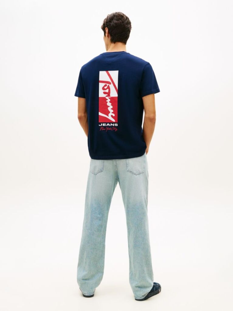 Blue Tricou Cu Guler Rotund Si Broderie Cu Logo Signature  Barbati