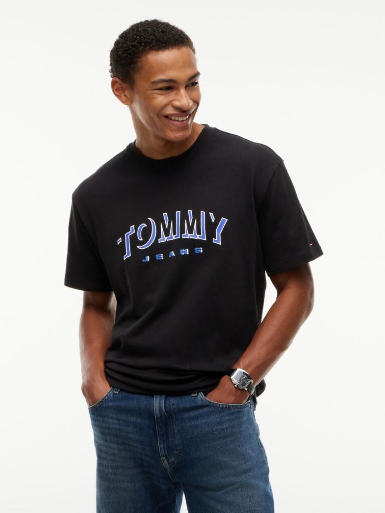 Negru T-Shirt Cu Guler Rotund Croiala Lejera Si Logo  Barbati