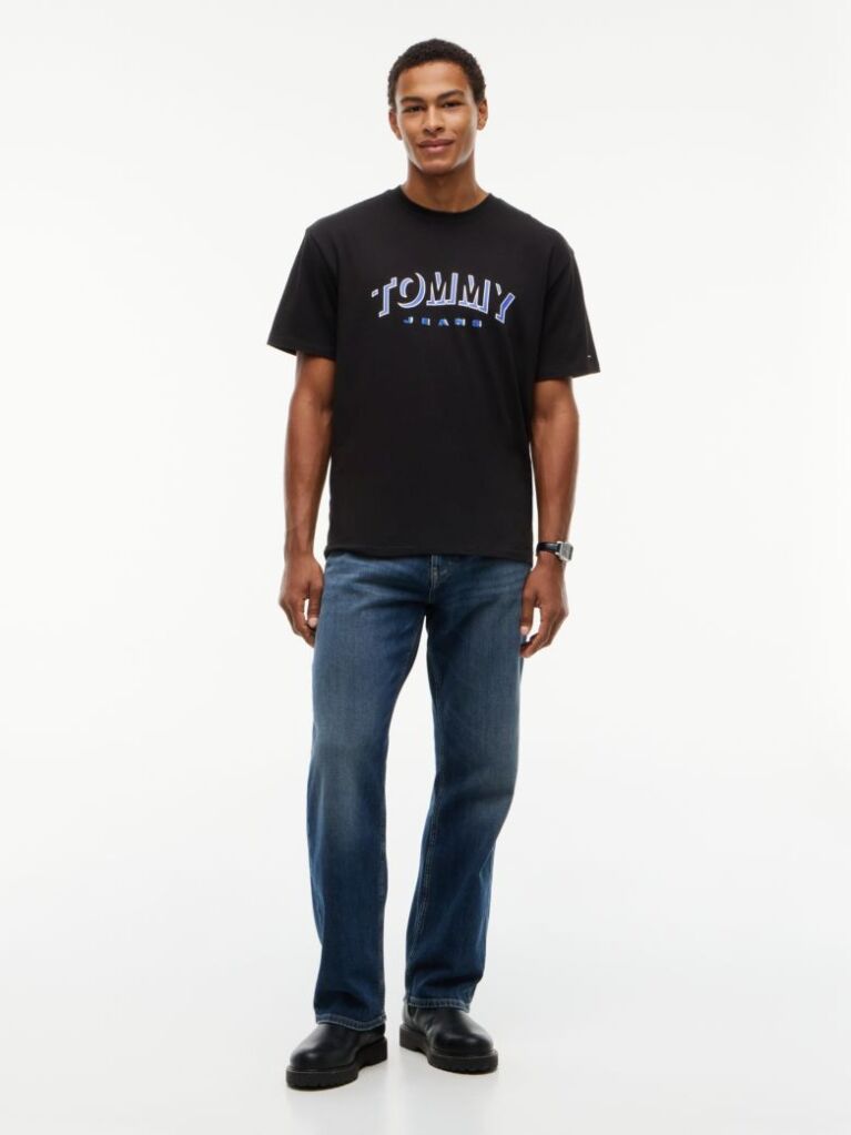 Negru T-Shirt Cu Guler Rotund Croiala Lejera Si Logo  Barbati