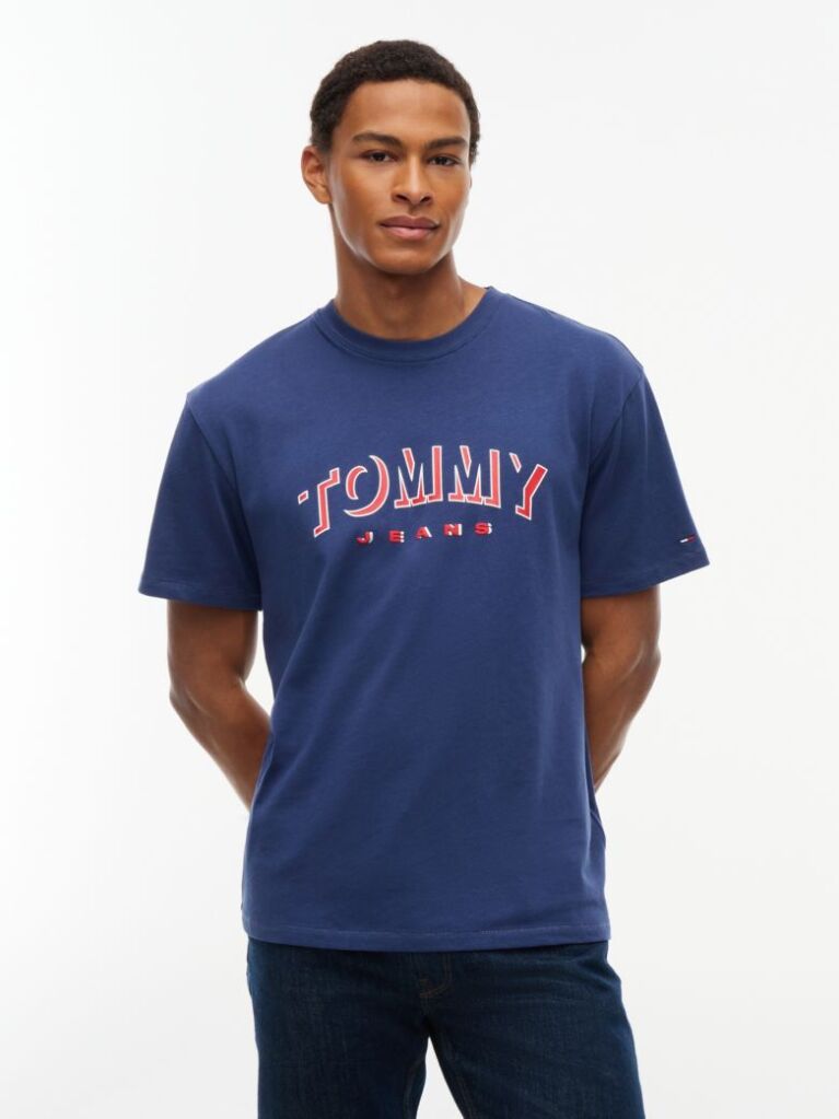 Blue T-Shirt Cu Guler Rotund Croiala Lejera Si Logo  Barbati