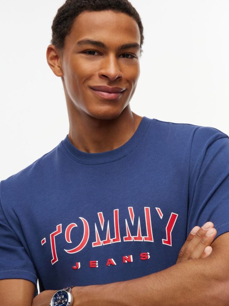 Blue T-Shirt Cu Guler Rotund Croiala Lejera Si Logo  Barbati