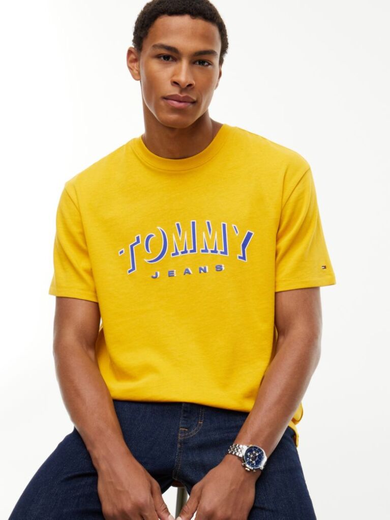 Galben T-Shirt Cu Guler Rotund Croiala Lejera Si Logo  Barbati