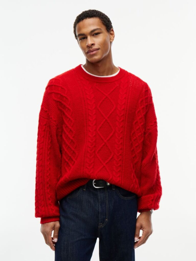 Red Pure Wool Cable Knit Relaxed Jumper  Men