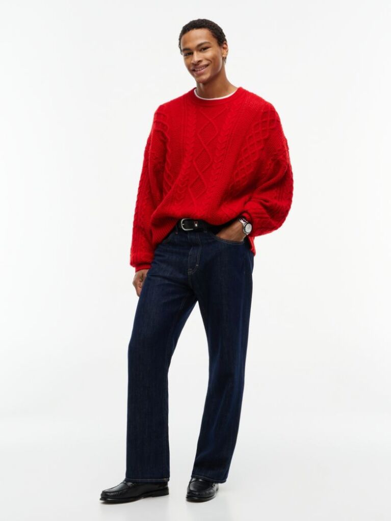 Red Pure Wool Cable Knit Relaxed Jumper  Men