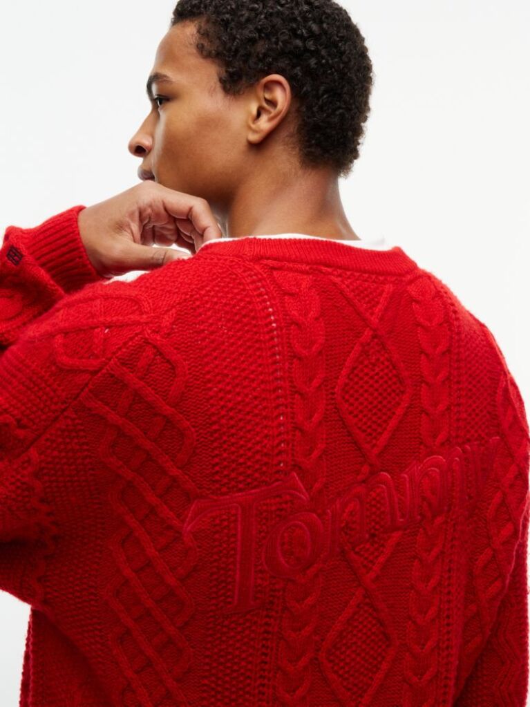 Red Pure Wool Cable Knit Relaxed Jumper  Men