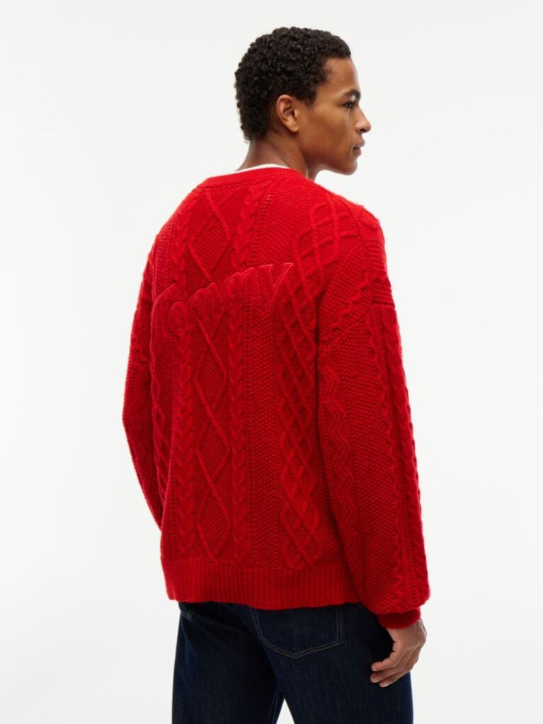 Red Pure Wool Cable Knit Relaxed Jumper  Men