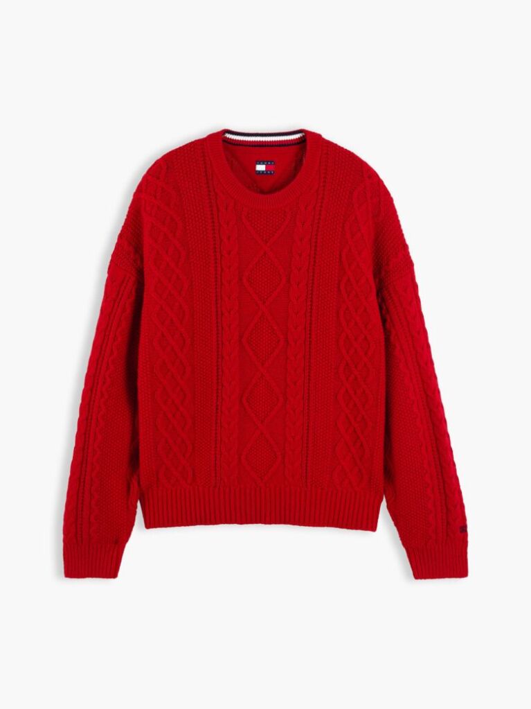 Red Pure Wool Cable Knit Relaxed Jumper  Men