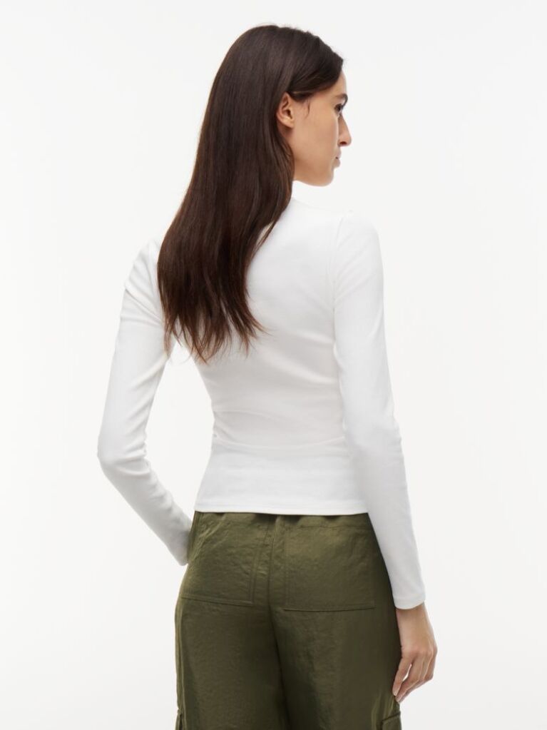 Bej Tricou Slim Cu Maneca Lunga Si Guler Riplat  Femei