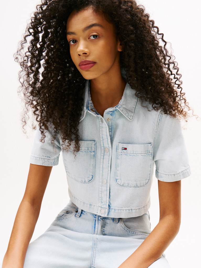 Denim Camasa Denim Usoara Cu Maneci Scurte Cropped Si Croiala Relaxata  Femei