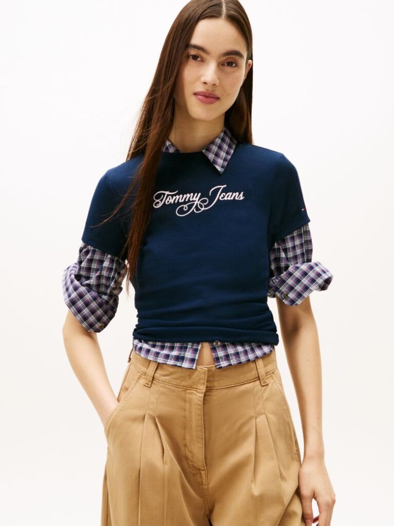 Blue Essential Tricou Rib Slim Cu Logo  Femei