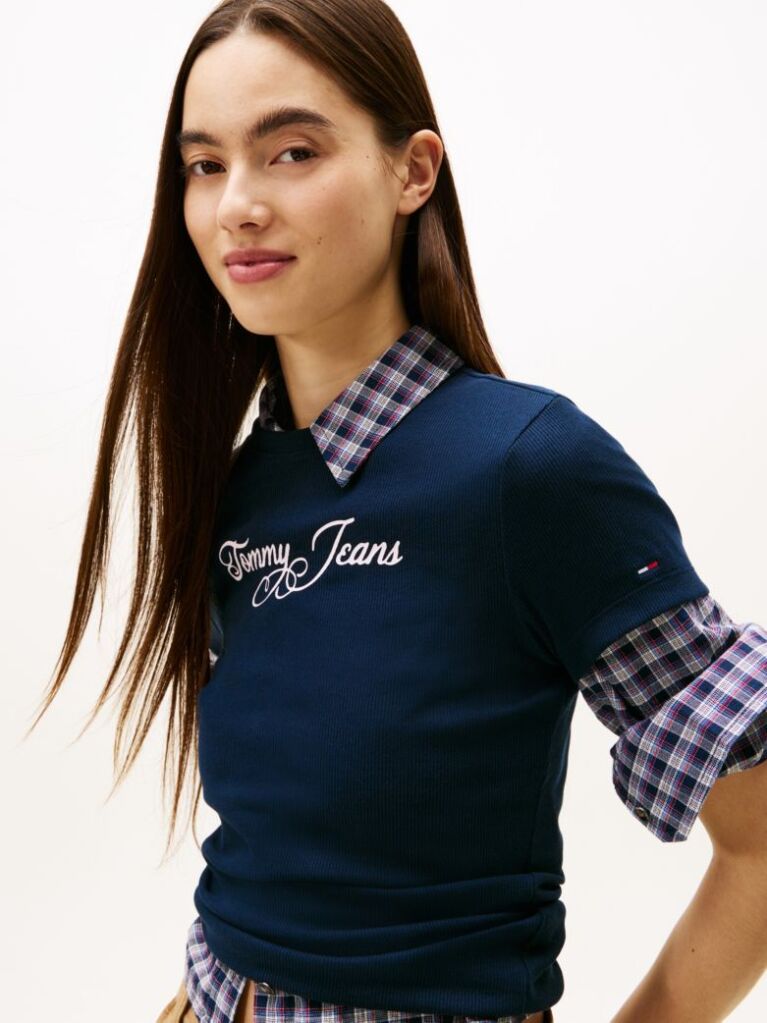 Blue Essential Tricou Rib Slim Cu Logo  Femei