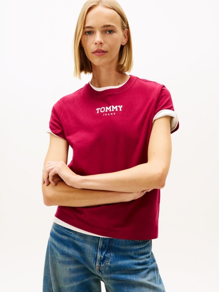 Roz Essential Tricou Rib Regular Cu Logo  Femei