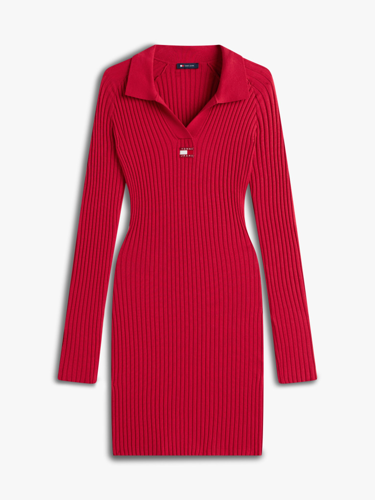 Rosu Rochie Pulover Slim Midi Cu Emblema Tommy Badge  Femei