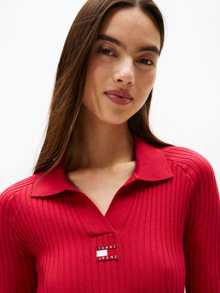 Rosu Rochie Pulover Slim Midi Cu Emblema Tommy Badge  Femei