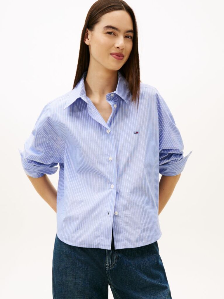 Blue Camasa Cropped Metalica Oversized  Femei