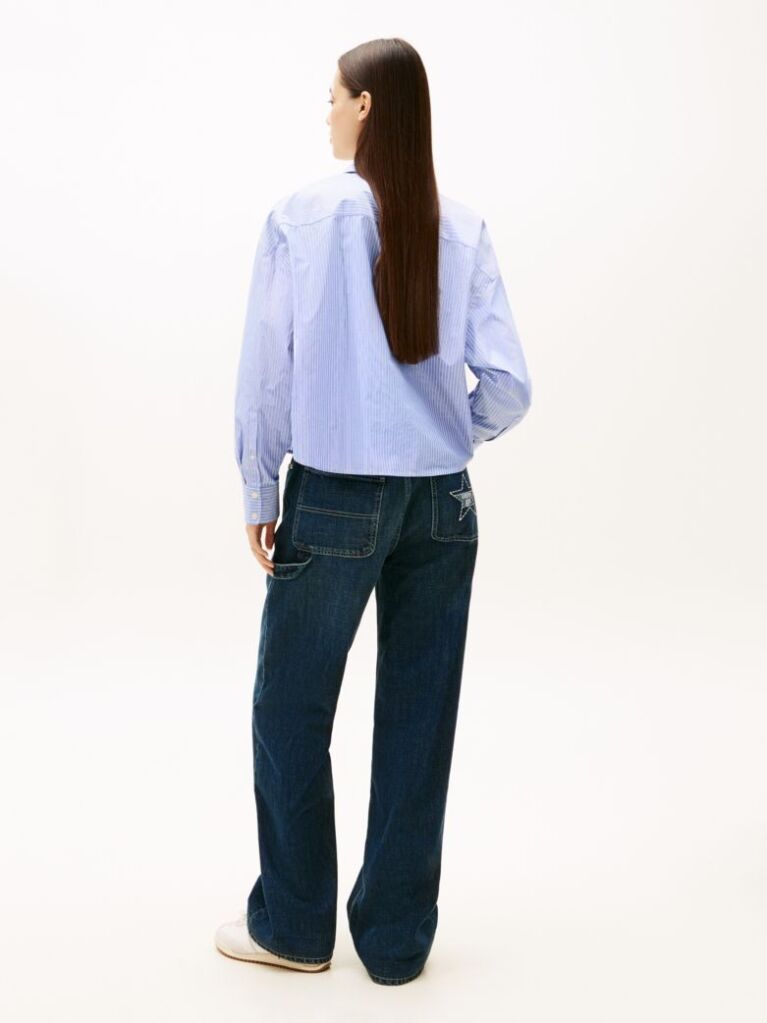 Blue Camasa Cropped Metalica Oversized  Femei