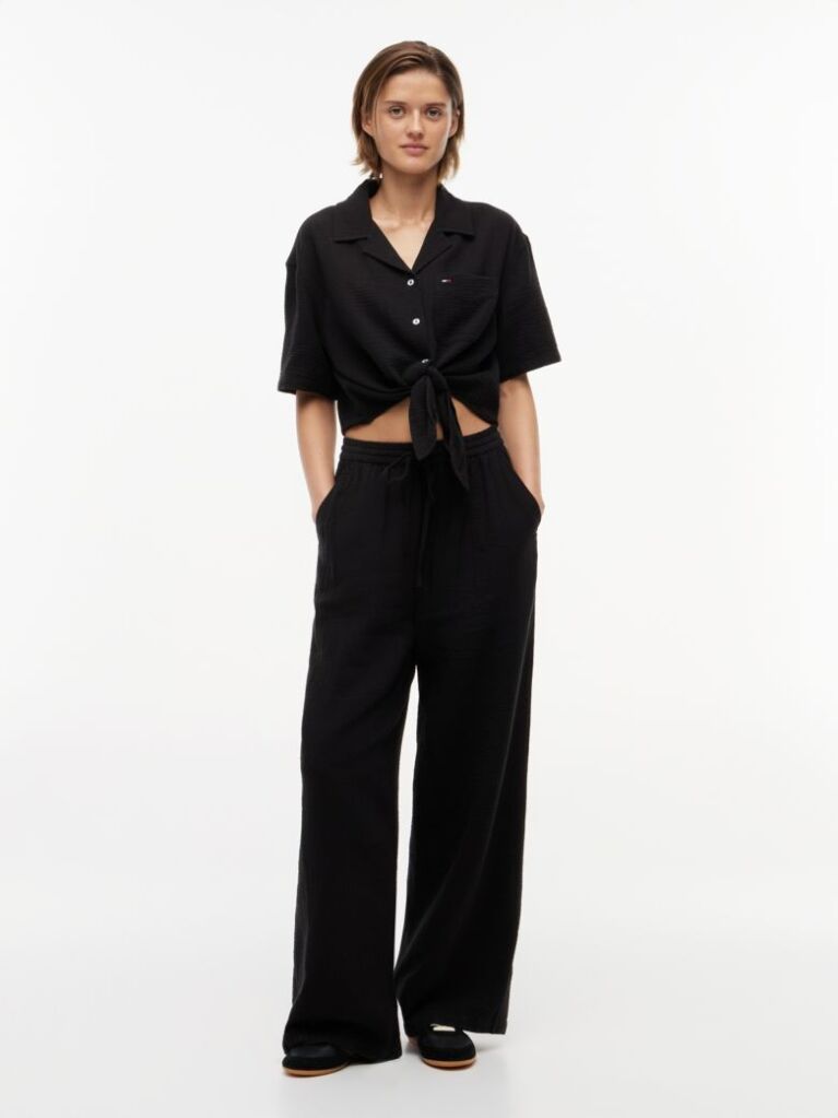 Negru Pantaloni Largi Cu Textura Plisata  Femei